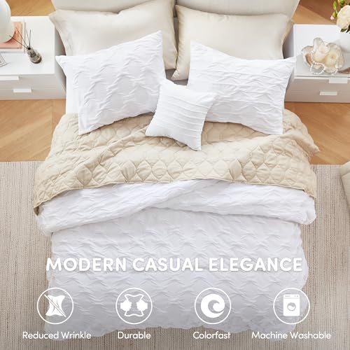Comfort Spaces Twin/Twin XL Comforter Set for College Ogee Ruched Crinkle Texture Breathable Comforter Set Twin Dorm All Season Lightweight Bedding Set Shabby Chic Décor Pilow White 3 Piece Comfort Spaces
