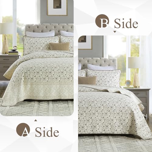 DDUOXIN 3 Piece Queen Quilt Set - 100% Cotton Soft Farmhouse Queen Quilt with 2 Pillow Shams, Botanical Style Floral Print Bedspread Lightweight Comforter Bedding Set, Purple Brown/Beige, Queen DDUOXIN