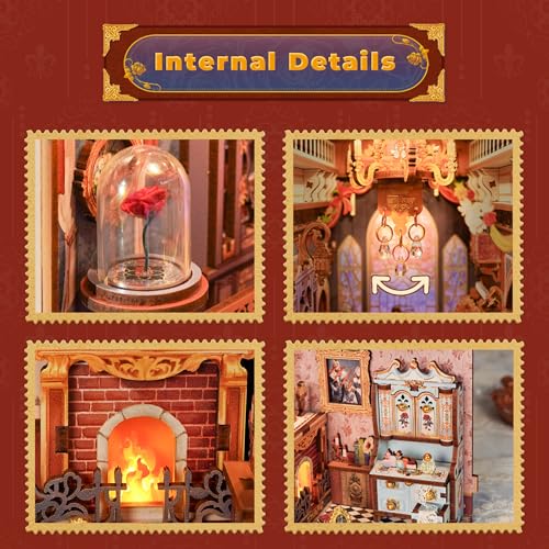 Tonecheer DIY Book Nook Kit for Adults, 3D Wooden Puzzle Music Booknook Miniature Dollhouse, Fairy Tale Bookend Bookshelf Decor with Dust Cover and LED Lights Gifts (Beast and Beauty)