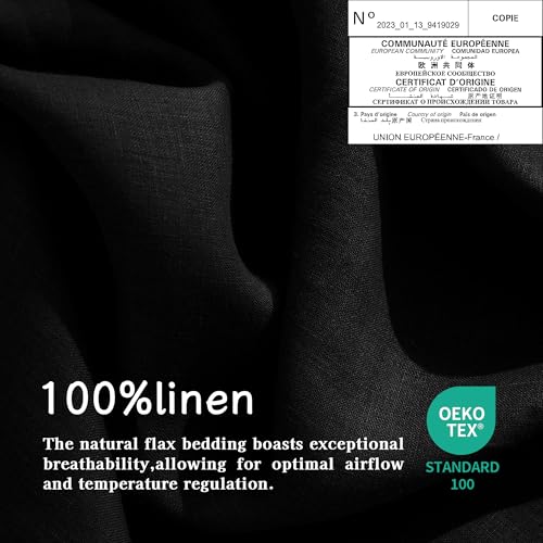 EVERLY Linen Sheets Set Queen Size,100% French Stonewash Pure Linen Sheets Set,4Pieces (1Flat Sheet,1Fitted Sheet,2Pillowcase) Suitable for Hot Sleepers,Deep Pocket Natural Bedding Set-Black EVERLY