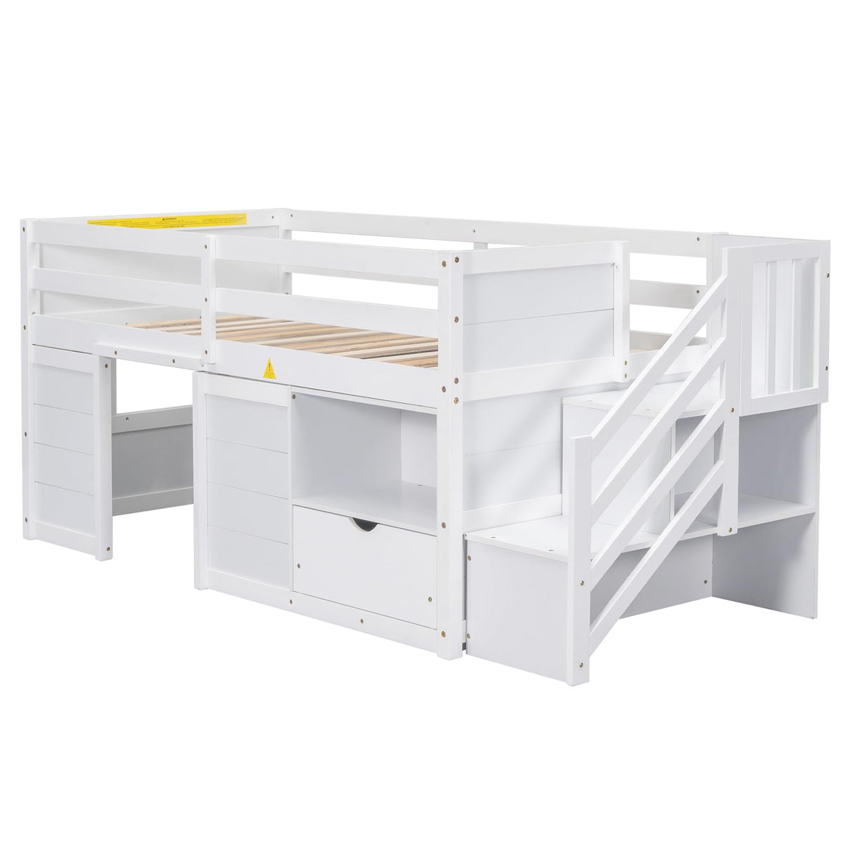 Twin Low Loft Bed for Kids, Twin Size Solid Frame with Drawer and Stairs, Modern Space-Saving Bed, Loft Bed with Storage, Strong Wood Slats Support, Under-Bed Playroom, No Box Spring Needed (White) Lyngins
