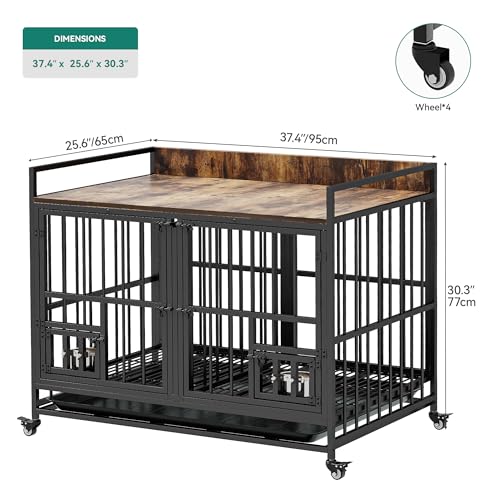 YITAHOME 37.5'' Heavy Duty Dog Crate with Removable Divider, Double Doors & Locks Design, Furniture Style Large Dog Crate with 360° Rotatable Dog Bowls & 360° Wheels & 2 Trays for Small/Medium Dog YITAHOME