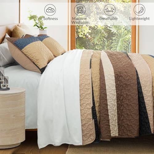 Whale Flotilla Full Queen Size Quilt Set - Reversible Camel Quilts Queen Size with 2 Pillow Shams, Lightweight Boho Striped Bedspreads Coverlet Bedding Set for All Seasons Whale Flotilla