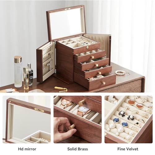 CHOSIN Black Walnut Wooden Jewelry Box for Women Classical Wooden with Two Side Doors 5-Layer with Mirror 5 Big Drawers Watch Necklace Ring Earring CHOSIN