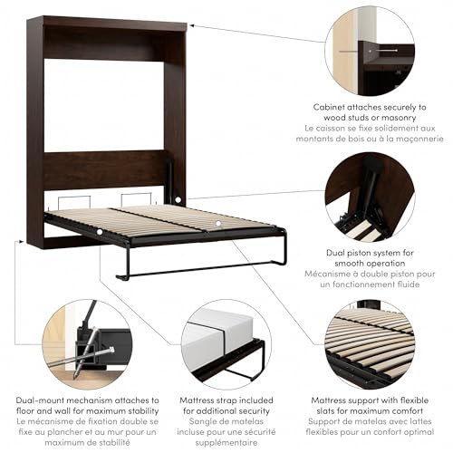 Bestar Pur Full Size Murphy Bed in Chocolate, 59-inch Space-Saving Sleeping Arrangement for Multipurpose Area, Bedroom, Guest Room, or Living Room Bestar