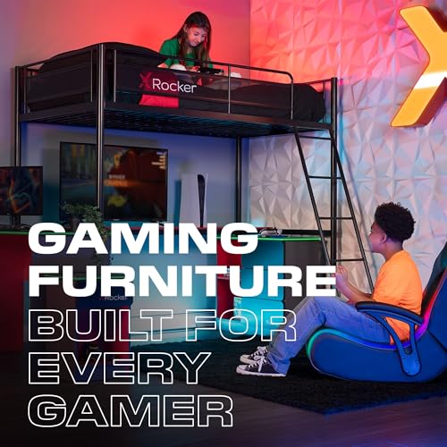 X Rocker Fortress Video Gaming Twin Loft Bed, Durable Black Metal Bed Frame, Built-in Desk and 3 Shelves, 77.64" x 59.17" x 72.05" X Rocker