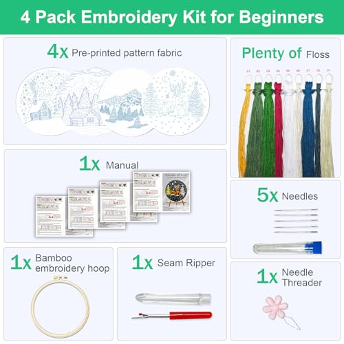 Huacan Embroidery Kit for Beginners 4 Set and Instructions with Videos Includes Multiple Accessories, Gift for Craft (Christmas)