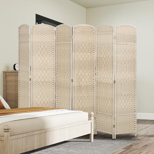 HOMCOM 6 Panel Room Divider, 6' Tall Folding Privacy Screen, Woven Freestanding Wall Partition for Home Office, Bedroom, Washed Oak HOMCOM