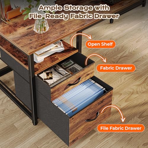 PRAISUN 63 Inch L Shaped Desk with Power Outlets and USB-C Port, Computer Corner Home Office Desk with File Fabric Drawers and Movable Monitor Stand, Larger Storage, Gaming, Writing, Rustic Brown PRAISUN