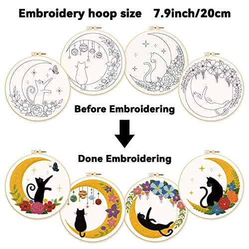 ORIGACH 4 Pack Cat Moon Embroidery Kits for Beginners, DIY Starter Hand Embroidery Kit with Moon Floral Patterns and Instructions