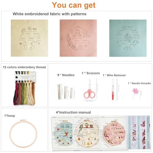 Myfilicity Embroidery Beginners Stitch Practice kit, 3 Embroidery Starter Kits, Learn 30 Different Stitching Techniques for Craft Enthusiasts to Hand-Stitch Fabric and Learn Embroidery Skills…