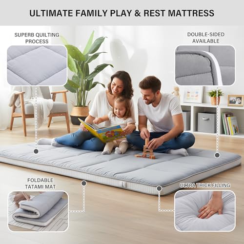 Tiita Queen Memory Foam Mattress Topper, 4" Thicken Futon Floor Mattress with Storage Bag and 2 Straps, Portable Roll Up Travel Car Camping Mattress Sleeping Pad, Grey Tiita