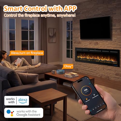 Mystflame 50 Inch WiFi-Enabled Recessed Electric Fireplace Inserts with Log Speaker,Alexa/Google Compatible,Wall Mounted & Freestanding Fireplace Heater,13 Adjustable Colors,5 Brightness Levels,Timer Mystflame