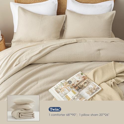 David's Home Waffle Weave Comforter Set 2PCS Twin Size, Soft Breathable Lightweight Cozy Skin-Friendly Warm for All Season, Elegant Aesthetic Home Decor Bedding Set with Pillow Shams, Linen David's Home