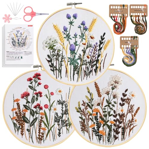 Santune 3 Pack Embroidery Kit for Beginners, Needlepoint Cross Stitch Kits for Adults,Needle Point Sets with Stamped Wild Flower Pattern Stitch Video Tutorial
