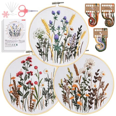 Santune 3 Pack Embroidery Kit for Beginners, Needlepoint Cross Stitch Kits for Adults,Needle Point Sets with Stamped Wild Flower Pattern Stitch Video Tutorial