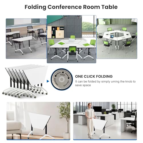 Folding Conference Room Tables,Modular Conference Table for Meeting Rooms,Mobile Portable Training Table with Locked Wheels,Flip Top Rolling Meeting Rooms Table Stackable Seminar Tables for Office Relgix