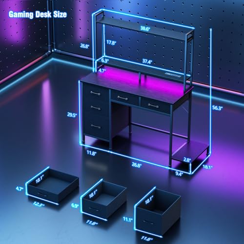 Korfile Computer Gaming Desk with Hutch, Home Office Desk with Power Outlets, LED Light, 5 Storage Drawers, 2 Tiers Shelves for Display, 39 Inch Modern Study Writing Table for Bedroom, Black Korfile