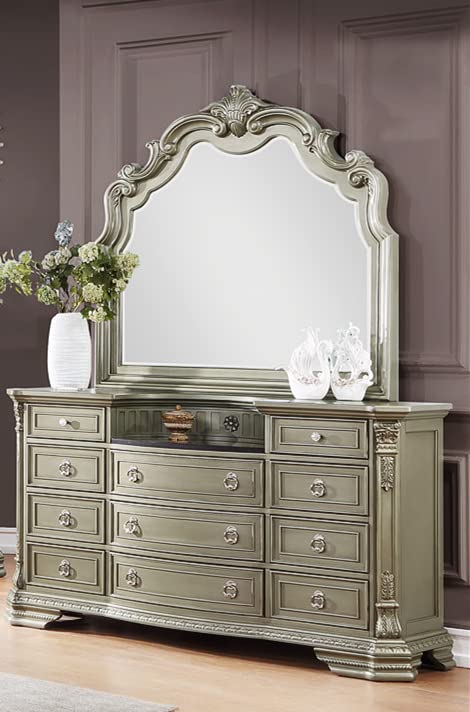 GTU Furniture Upholstered Panel 5PC Solid Wood Queen Bedroom Set Include Queen Bed, Dresser, Mirror, Chest, Nightstand in Jungle Green/Silver (5PC Queen Set) GTU Furniture