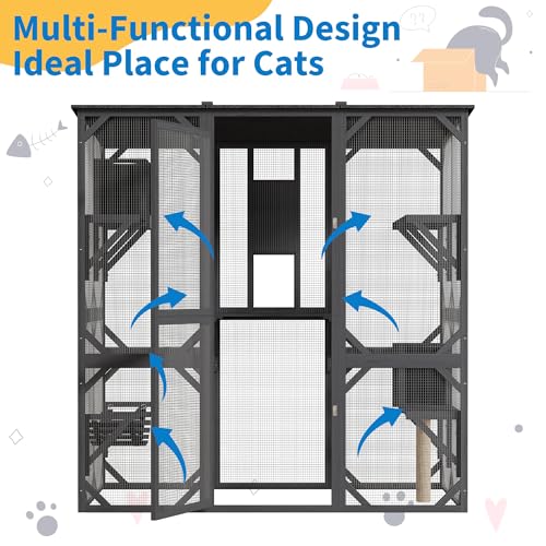 GAOMON Large Catio with Window Access, 70 Inch Outdoor Walk-in Cat Enclosure with Asphalt Roof, Scratch Post and Bridge, Catios for Cats Outdoor Patio Dark Grey GAOMON