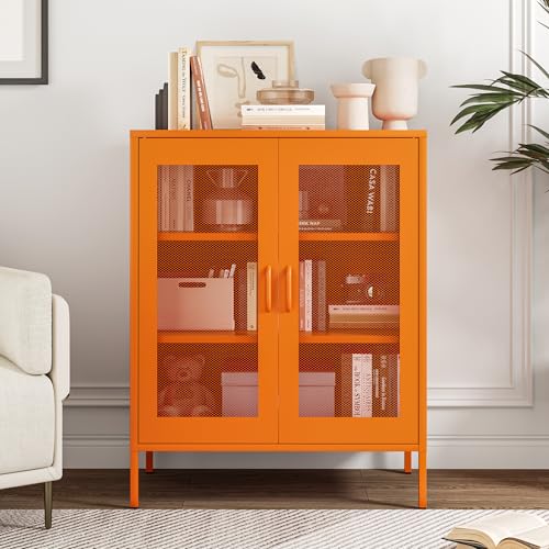 Chshin Metal Locker Storage Cabinet with 2 Mesh Doors and Adjustable Shelves,Orange Metal Locker Cabinets,Coffee Bar Cabinet,Kitchen Pantry Storage Cabinets for Home,Sideboard,Office(40" H) Chshin