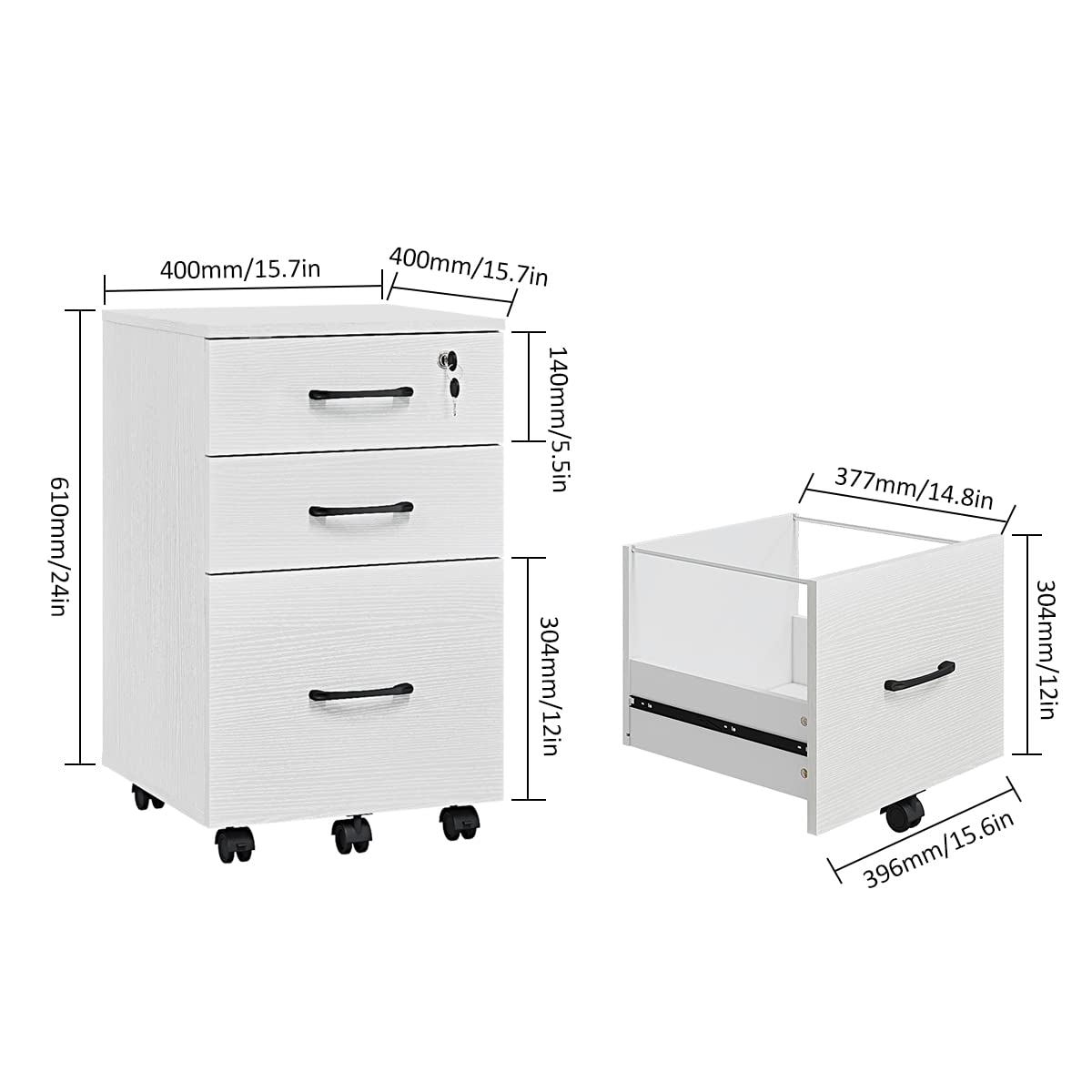 Panana 3 Drawer Wood Mobile File Cabinet, Under Desk Storage Drawers Small File Cabinet for Home Office (White) Panana