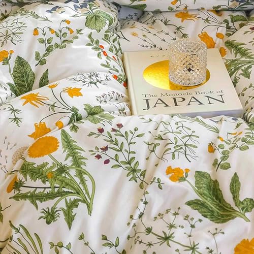 ETDIFFE Green Floral Queen Size Comforter Set, 3pc Flower Printed Soft Bedding Set, All Season Lightweight Botanical Pattern Bed Comforter, White ETDIFFE