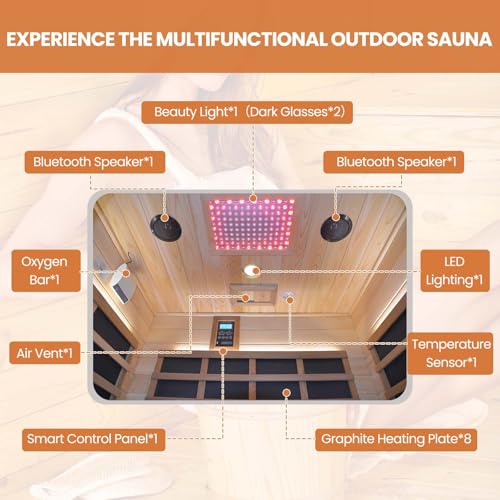 Outdoor Sauna 2 Person Sauna Infrared Saunas Dry Sauna Room 2080W/110V Low EMF Outer Board Red Cedar/Inner Board Fir Wood, Oxygen Bar, Speaker, LCD Control Screen, LED Lights - 48.8*38.2*81.9 in HOSAUNA