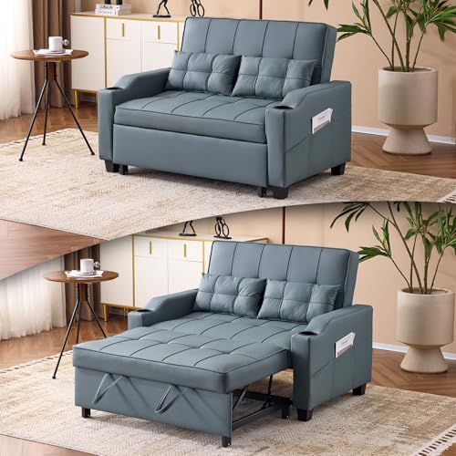 VINGLI Convertible Loveseat Sleeper, Blue Grey Faux Leather Futon Sofa Bed Pullout Couch Bed with USB Ports, Cup Holders, Armrest for Living Room, Bedroom, Home Office Apartment VINGLI
