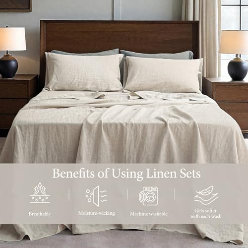 QKTE 100% Natural Linen Sheets Set 4 Piece - Washed Linen Bedding Set with 16" Deep Pocket Fitted Sheet, Flat Sheet & 2 Pillowcases, Breathable Durable for All Seasons (Linen, Queen) QKTE