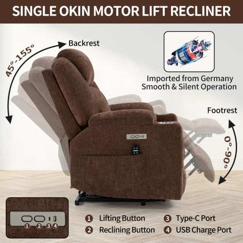 Dual Motor Power Lift Recliner Chair for Elderly,Heavy Duty 400 lbs, Oversized with Heat & Massage,Zero Gravity Lay Flat, Adjustable Lumbar Support, Electric Lift Assist Recliner (Brown+2 Cup) Anwick