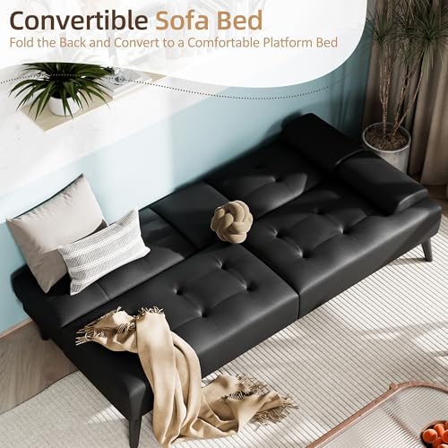 Shintenchi Futon Sofa Bed, Leather Foldable Couch, Reclining Sleeper w/Removable Armrests, Upholstered Loveseat w/Folding Cup Holders for Home, Office, Black Shintenchi