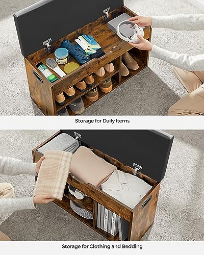 VASAGLE CUSTOS Collection - Storage Bench with Cushion, Shoe Bench, Padded Seat, Hidden Storage, Entryway, Hold up to 300 lb, 11.8 x 31.5 x 17.3 Inches, Rustic Brown and Ink Black ULHS30BX VASAGLE