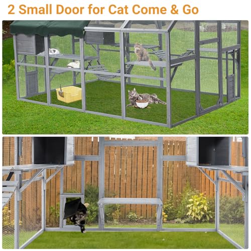 Garvee Large 3-Tier Outdoor Catio, Small Animal Enclosure with 2 Lockable Cat Doors and a Walk in Door, Large Cat House with Half Waterproof Cover, Portable Kitty House with Resting Boxes Garvee