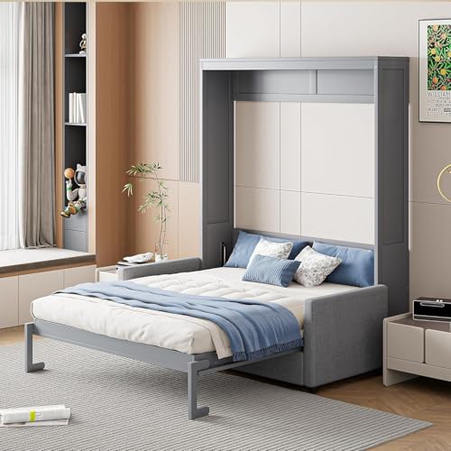 Virubi Full Murphy Bed with Couch,Wood Folding Murphy Wall Bed Cabinet with Sofa (Grey,Full) Virubi