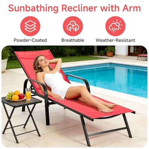 DUMOS Outdoor Lounge Chaise Set of 2 for Poolside Patio, 5-Position Aluminum Chaise with Armrest, Sun Tanning Chair 350 lbs Heavy Duty Patio Pool Chair, Waterproof Lounge for Deck,Backyard, Beach, Red