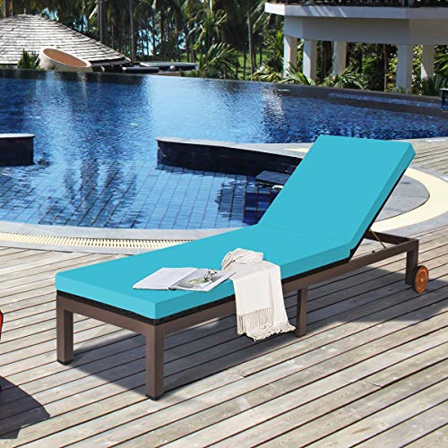 Tangkula Patio Chaise Lounge Chair, Outdoor Rattan Lounger Recliner Chair with Wheels, Wicker Chaise Chair W/Cushioned Seating, Recliner 5-Position Adjustable for Garden Patio Poolside (1, Turquoise)