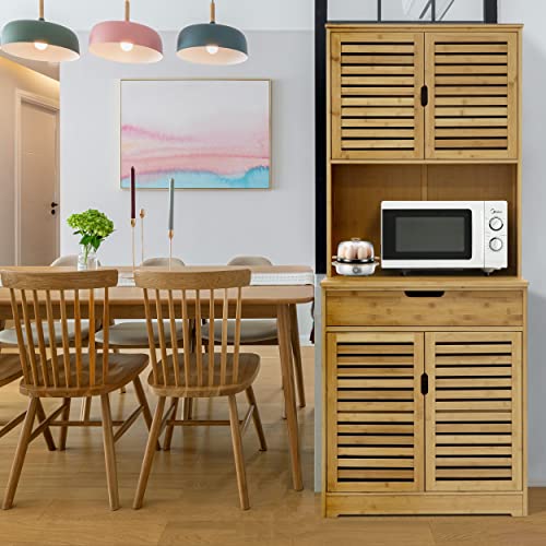 MUPATER Kitchen Pantry Cabinet Hutch Storage with Microwave Stand, 72'' Bamboo Freestanding Pantry Buffet Cabinet with Doors and Shelves for Home MUPATER