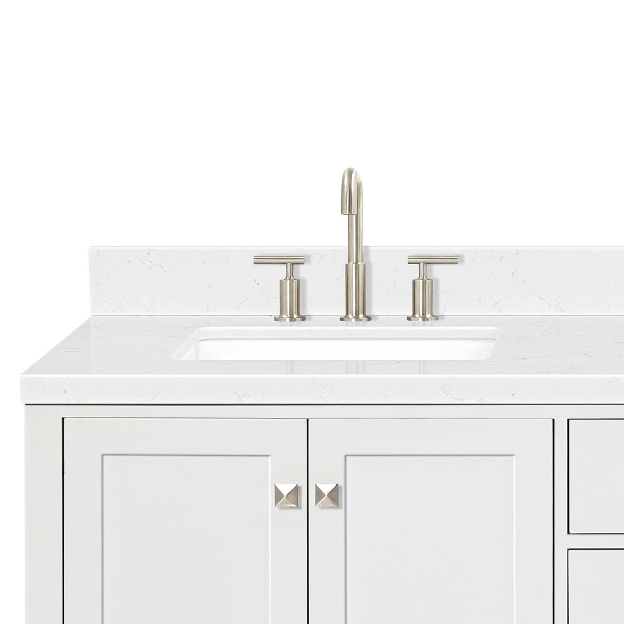 ARIEL Cambridge 72" White Double Vanity, 1.5" Edge Carrara White Quartz Countertop & Splash, Rectangular Sinks, 4 Soft Closing Doors, 6 Full Extension Dovetail Drawers, Brushed Nickel ARIEL