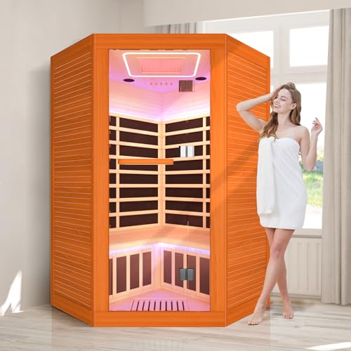 OUTEXER 2-3 Person Sauna Corner Sauna Far Infrared Saunas Room Home Canadian Hemlock Indoor 2100W Low-EMF Dry Saunas with Red Light Therapy Beauty Lamp 47.2 * 47.2 * 74.8inch OUTEXER