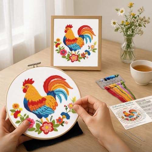 Nuberlic Rooster Embroidery Kit for Adults Beginners, Stamped Farmhouse Embroidery Starter Kit with 7.9 Inch Hoop, Threads, Needles & Instructions, DIY Needlework Craft Gift