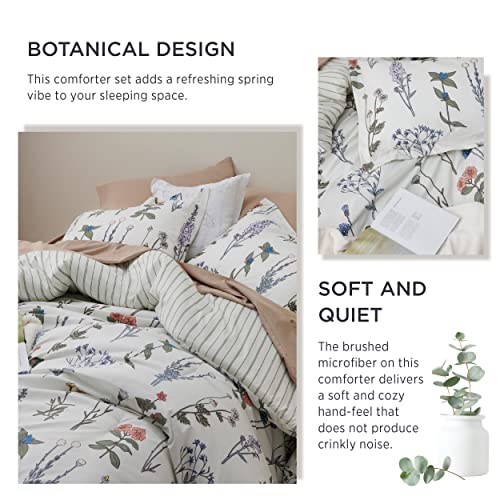Bedsure Comforter Set King Size - Cute Floral Bedding Comforter Set, 3 Pieces, 1 Soft Reversible Coconut White Botanical Flowers Comforter and Pillow Shams Bedsure