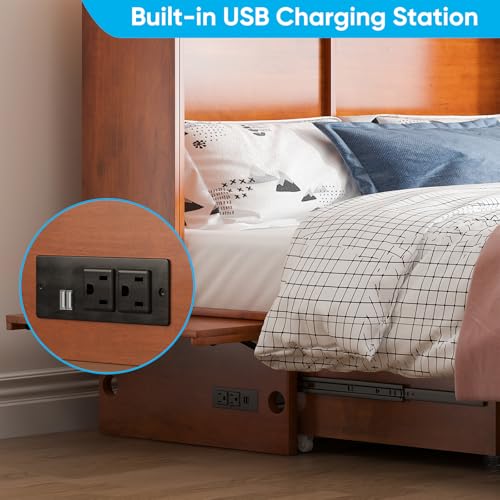 Mjkone Murphy Bed Queen Size, Cabinet Beds with Mattress, Adult Guest Bed with 2 Large Drawer and USB Port & Bedside Panel, Multifunctional Murphy Cabinet Beds for Bedroom/Living Room - Cherry Mjkone