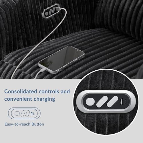 GRAINELL Oversize Power Swivel Recliner, 40in Wide Electric Glider Rocking Chair with Headrest Adjustment, USB Port, 270° Swivel, Rock 30° – for Living Room, Nursery, Black (5" 7' to 6" 1' Height)