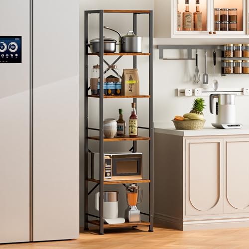 Furologee 6-Tier Rustic Brown Industrial Bookshelf - Narrow Metal and Wood Storage Unit for Home and Office Furologee