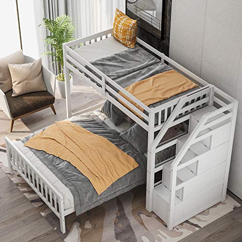 MERITLINE Twin Over Full L Shaped Bunk Beds with Stairs and Storage, Solid Wood Convertible Bunk Loft Beds with Storage Staircase and Guardrail, No Box Spring Needed (Twin Over Full,White) MERITLINE