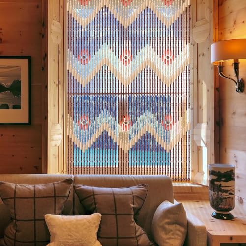 ANMINY Wood Bamboo Beaded Curtain 2 Panels Wooden Hanging Room Divider 52 Strands Decorative Handmade Door Bead Curtains Wall Panel Blinds for Doorway Restaurant Home Decor 35" x 76" - Wave Flower ANMINY