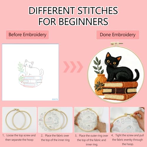 Zhenqing Black Cat Embroidery Kit for Beginners, Pre-Printed 29x29cm Cotton Fabric with 20cm Hoop, Cat on Books with Plant Design for Home Decor(C0075)