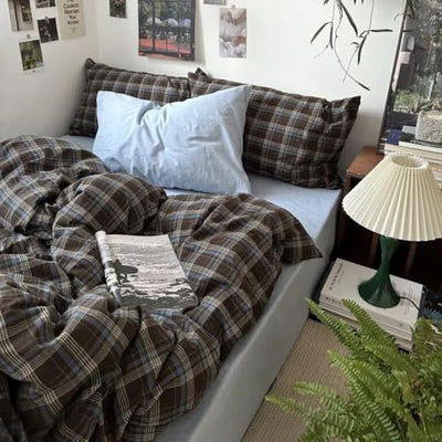 Erwinmu Plaid Duvet Cover Set Queen Size,Brown Blue Gingham Patterned Bedding Set for Girls Boys,Modern Soft Breathable Microfiber Comforter Cover 3 Pieces with Zipper Closure and 2 Pillow Shams
