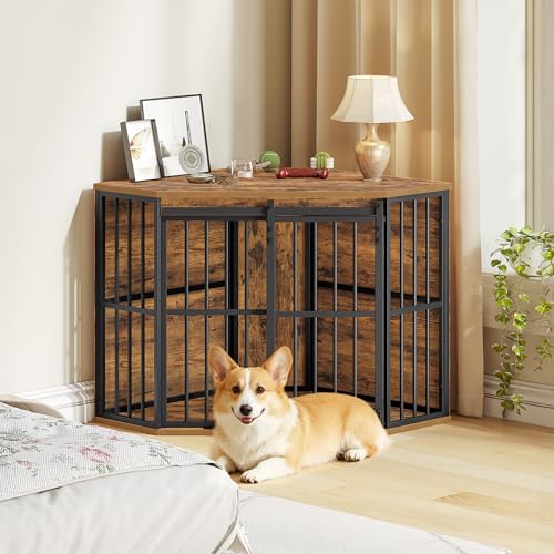Hzuaneri Corner Dog Crate Furniture with Barn Door, Heavy Duty Dog Kennel Indoor, Wooden Decorative Pet Cage for Small Medium Dogs, Space-Saving TV Stand Anti-Chew Anti-Escape, Rustic Brown DFC88901B Hzuaneri